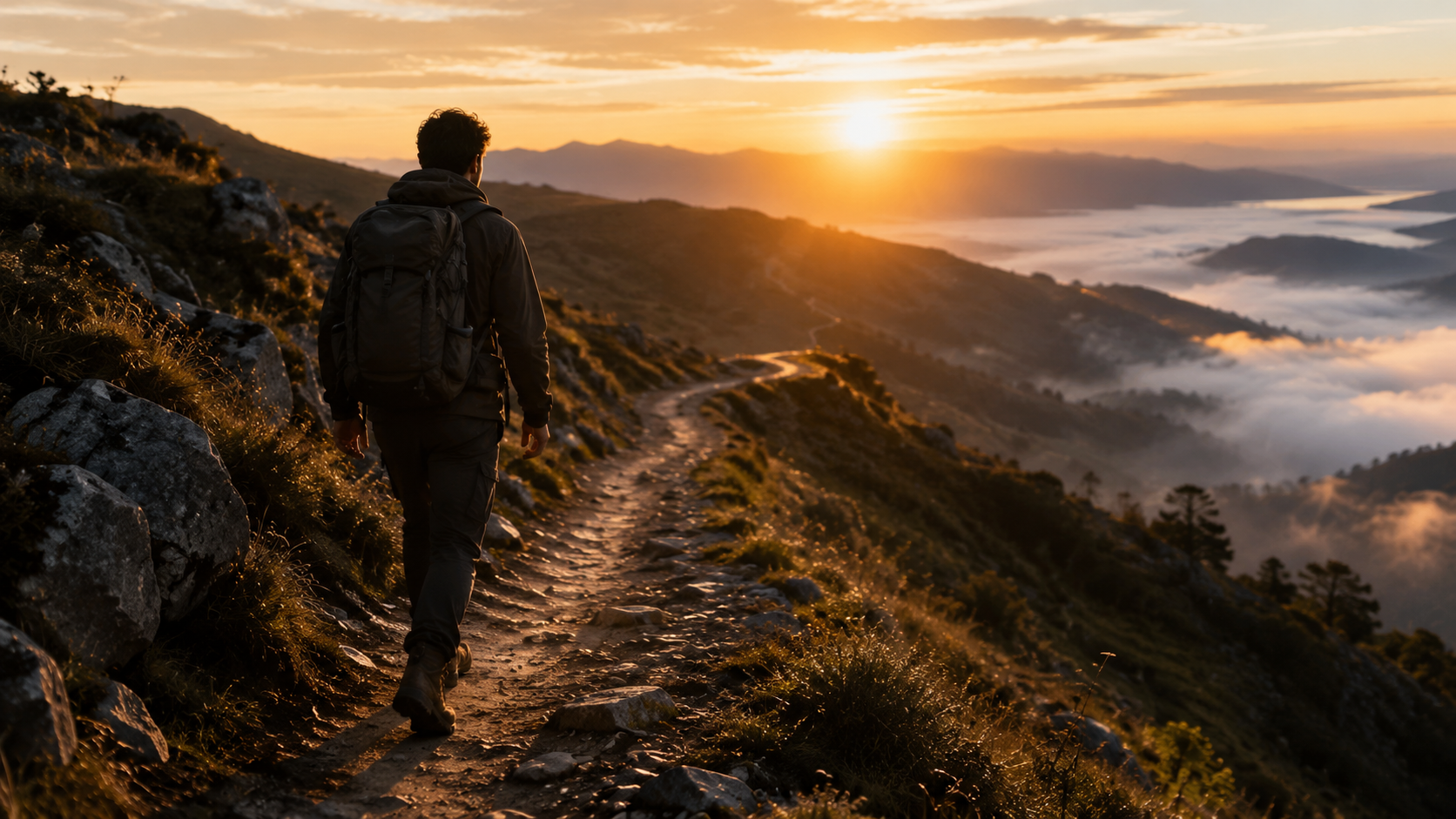 Persona caminando por una montaña al amanecer como símbolo de superación personal