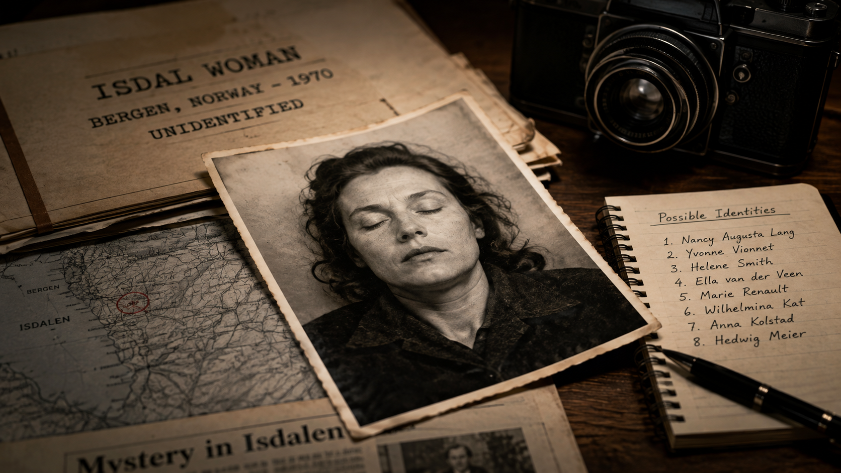 Mujer de Isdal junto a documentos y mapa de la investigación en Noruega
