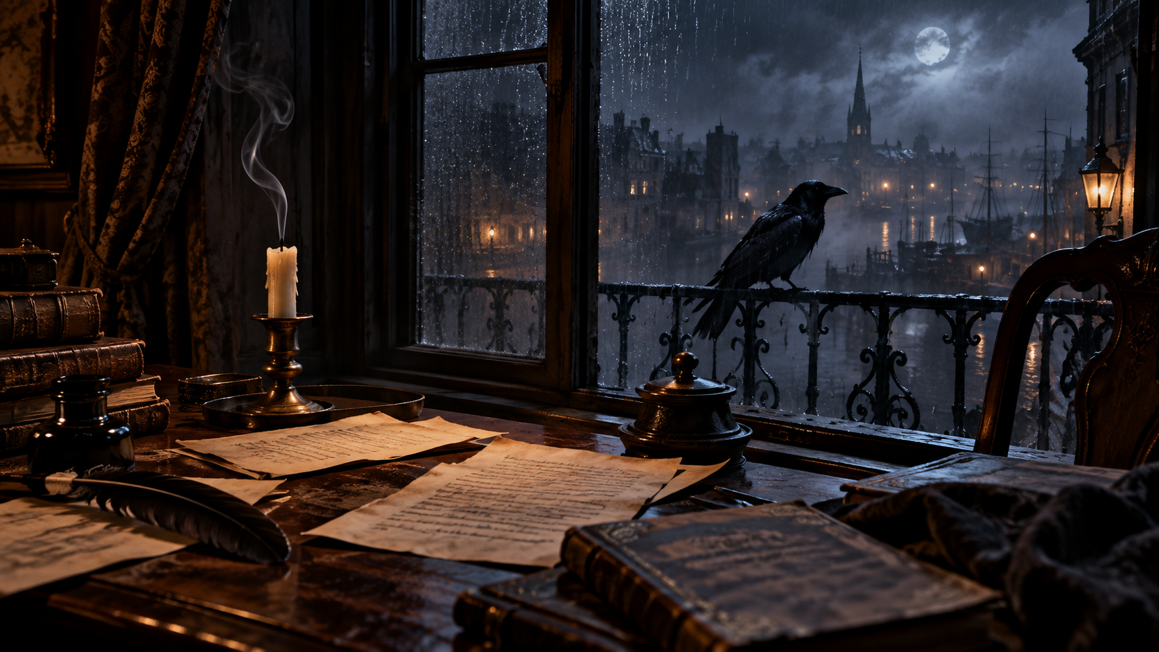 Escritorio gótico del siglo XIX inspirado en Edgar Allan Poe y el misterio de sus últimos días.