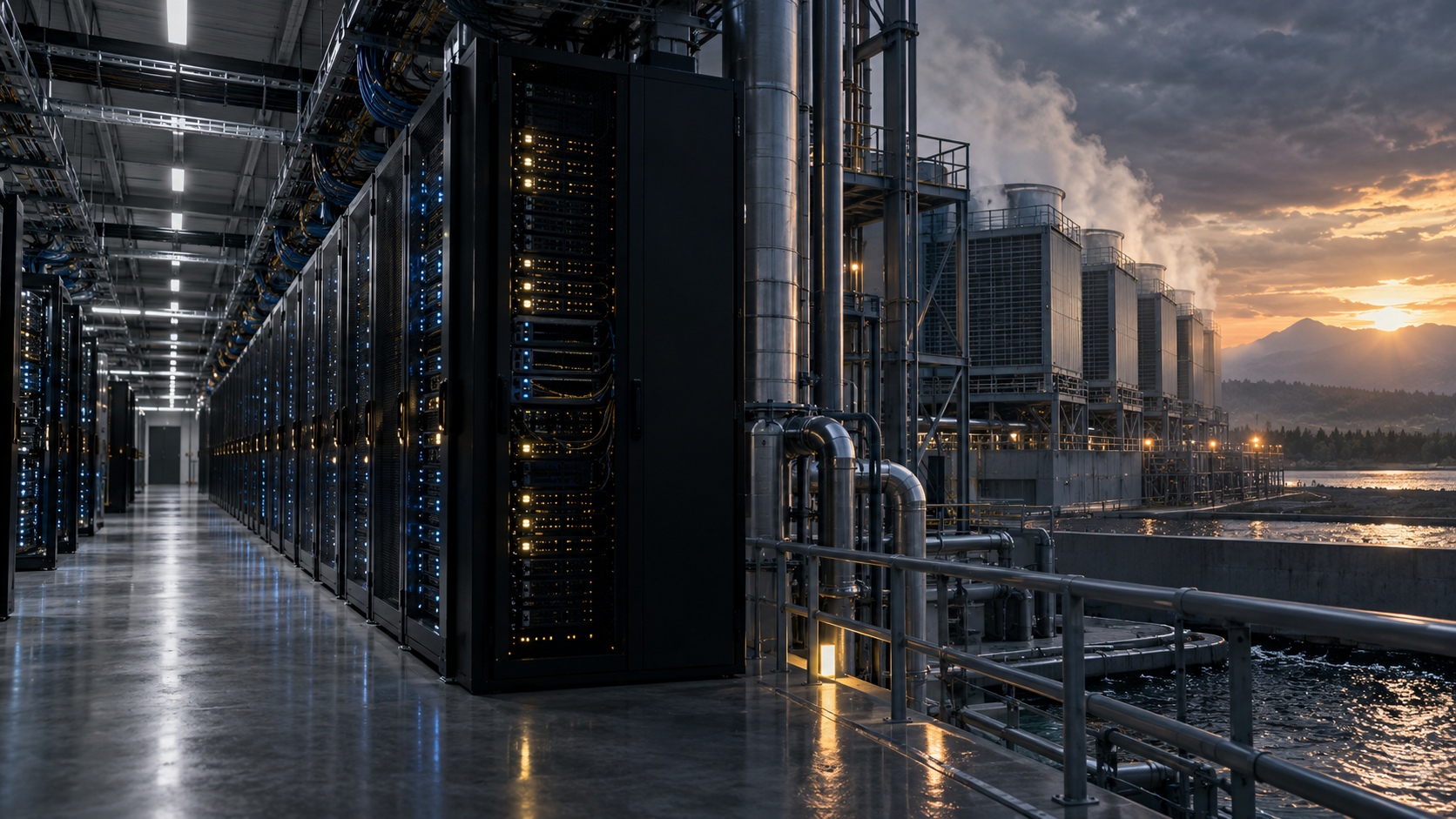 Fila de servidores y sistema de refrigeración industrial en un centro de datos, representación del costo ambiental de la nube digital.