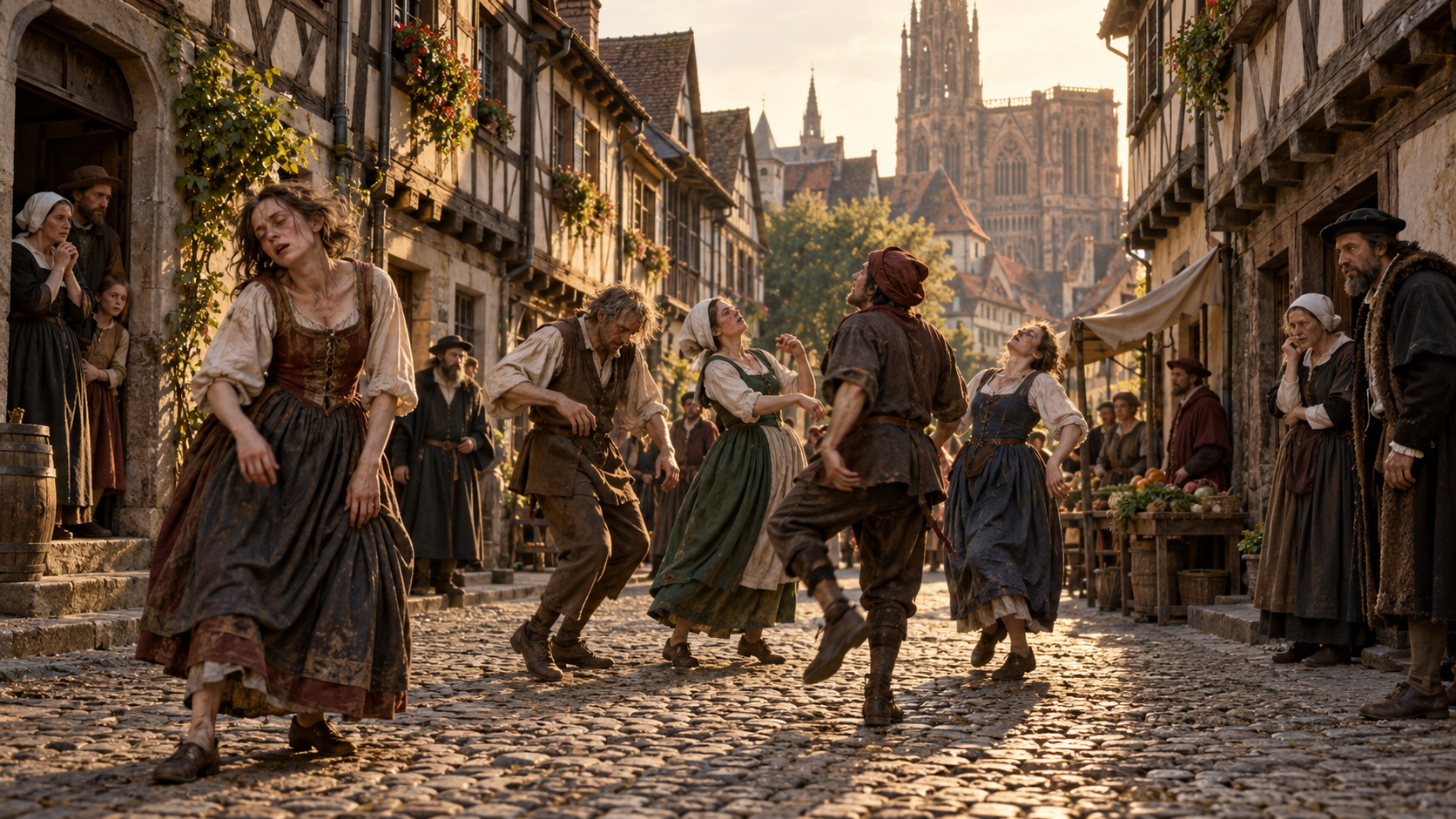 Recreación histórica de la epidemia de baile de 1518 en una calle de Estrasburgo.