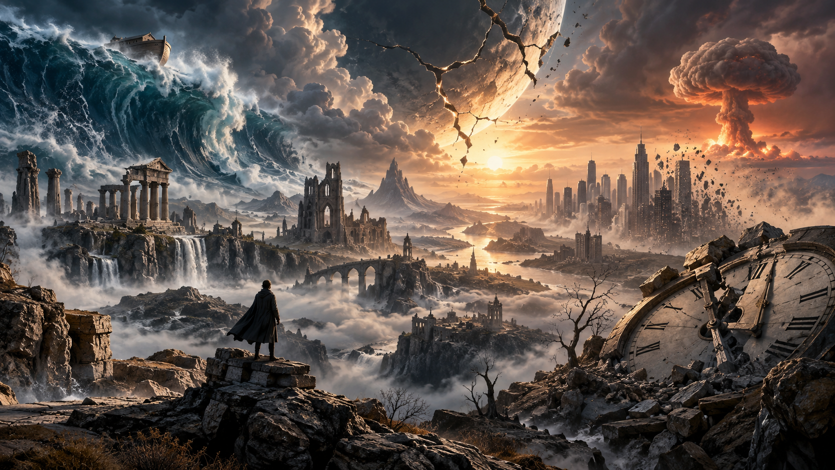 Visión surrealista del fin del mundo con un diluvio, ruinas antiguas, una ciudad moderna y una explosión nuclear.