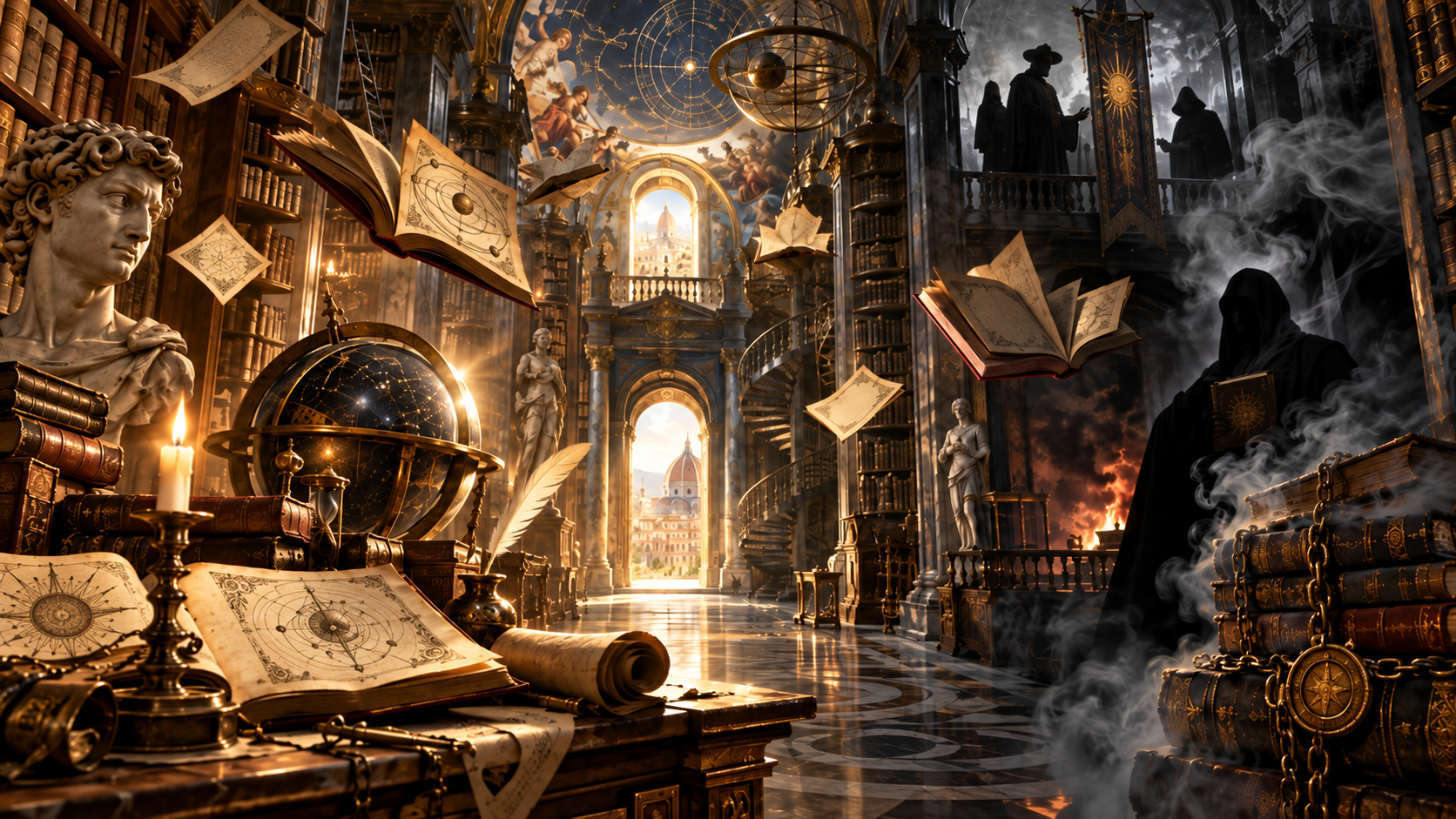 Biblioteca surrealista sobre los secretos prohibidos del Renacimiento, con libros encadenados y manuscritos flotantes.