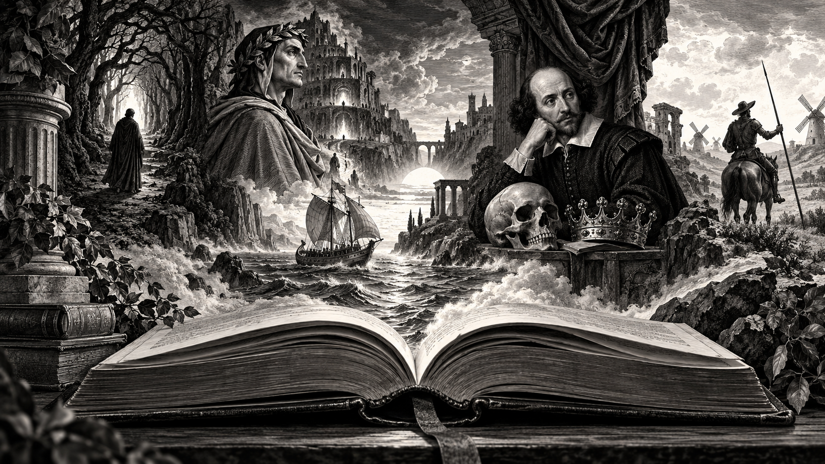 Simbolismo literario representado mediante autores, libros y escenarios clásicos en un grabado renacentista