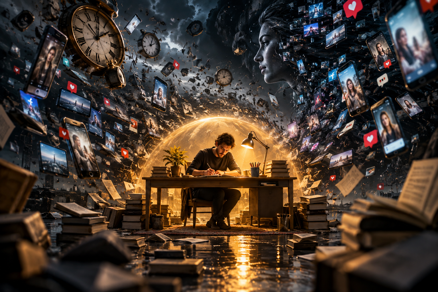 Surreal image of a writer deeply focused at a desk while clocks, screens, notifications and digital distractions surround him.