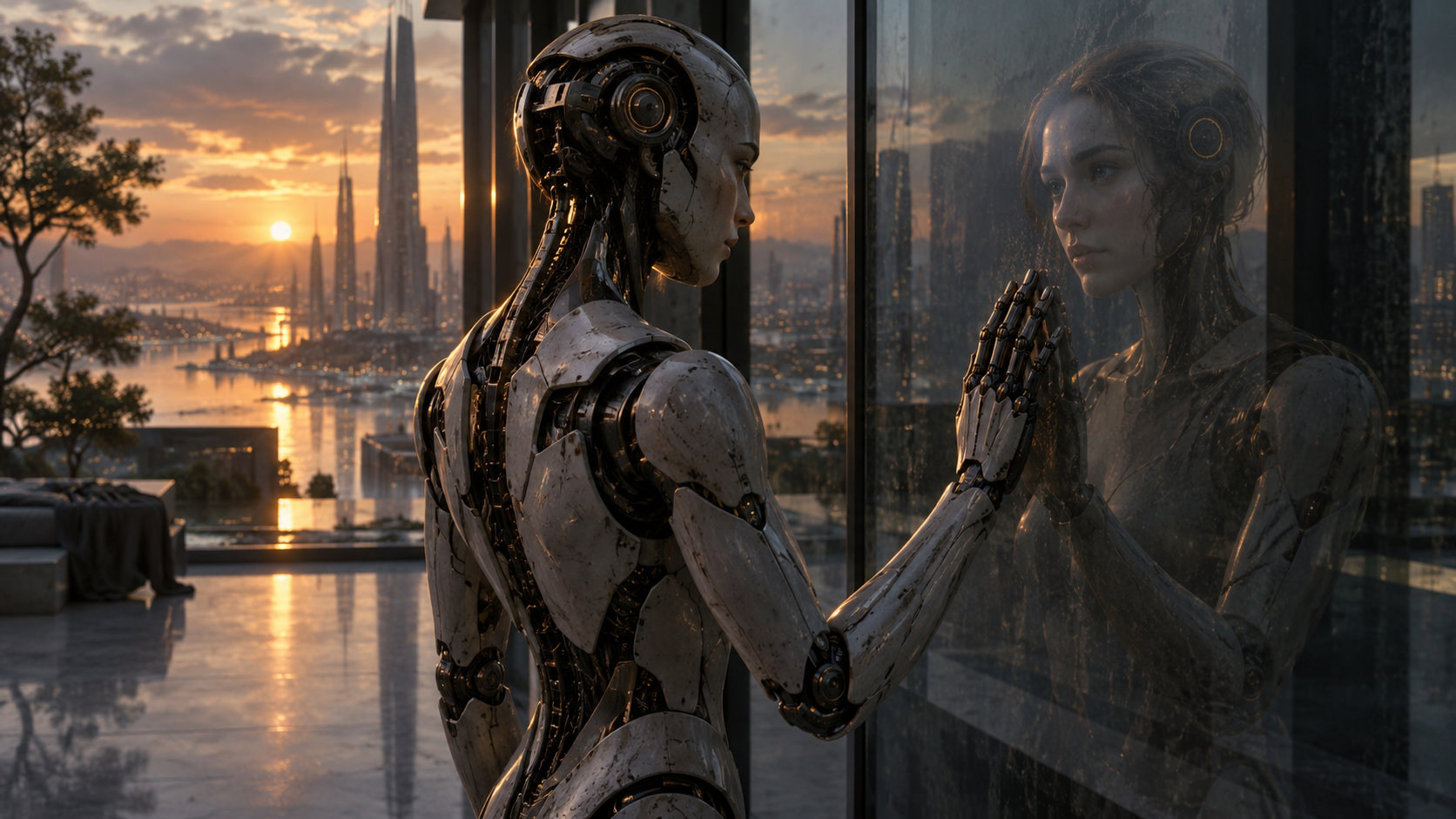 Robot humanoide reflexiona sobre su identidad en El hombre bicentenario de Isaac Asimov.