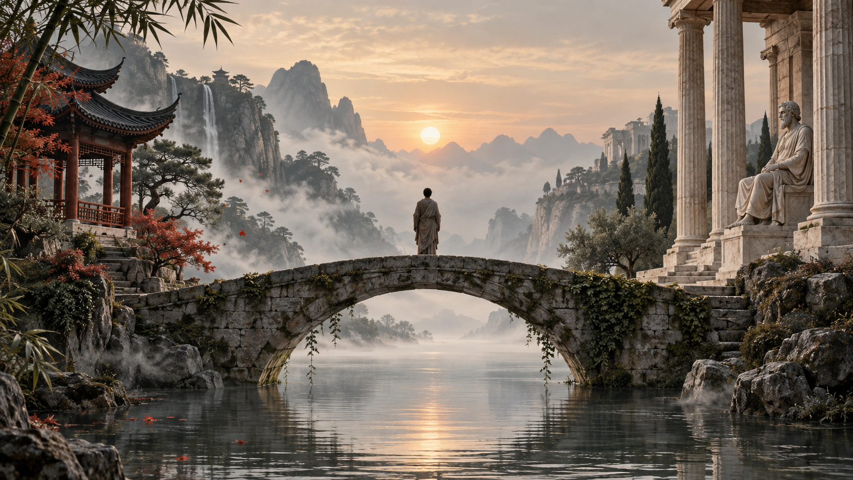 一座古老石桥连接中式亭阁与古罗马石柱,一人站在桥上,远处群山笼罩在晨雾与金色阳光之中。