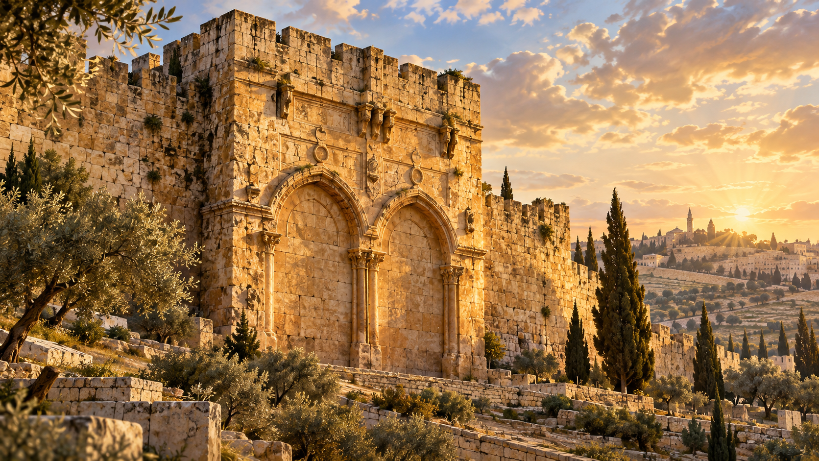 Puerta Dorada de Jerusalén sellada, iluminada por la luz dorada del amanecer.